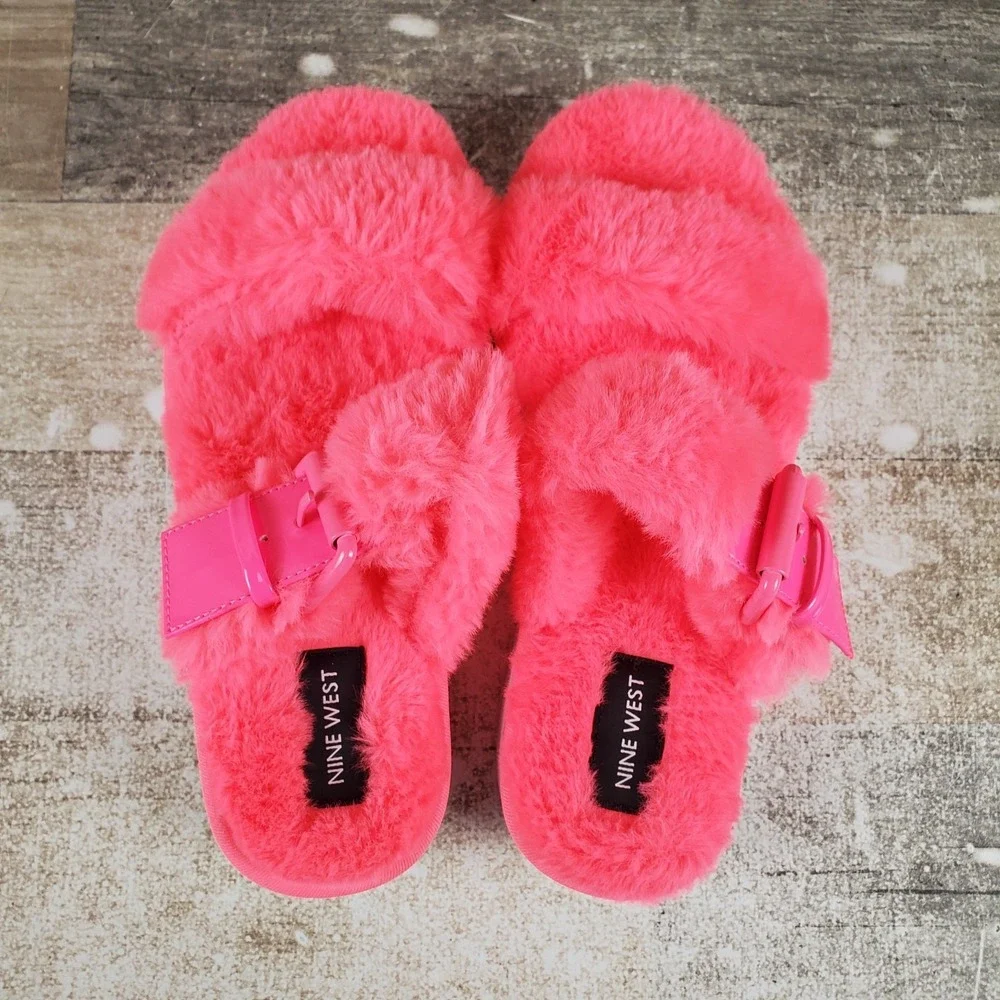 Nine West Funkie 2 Womens Flat Sandals Sz 6 M Hot Pink Slip On Open & Round Toe‎